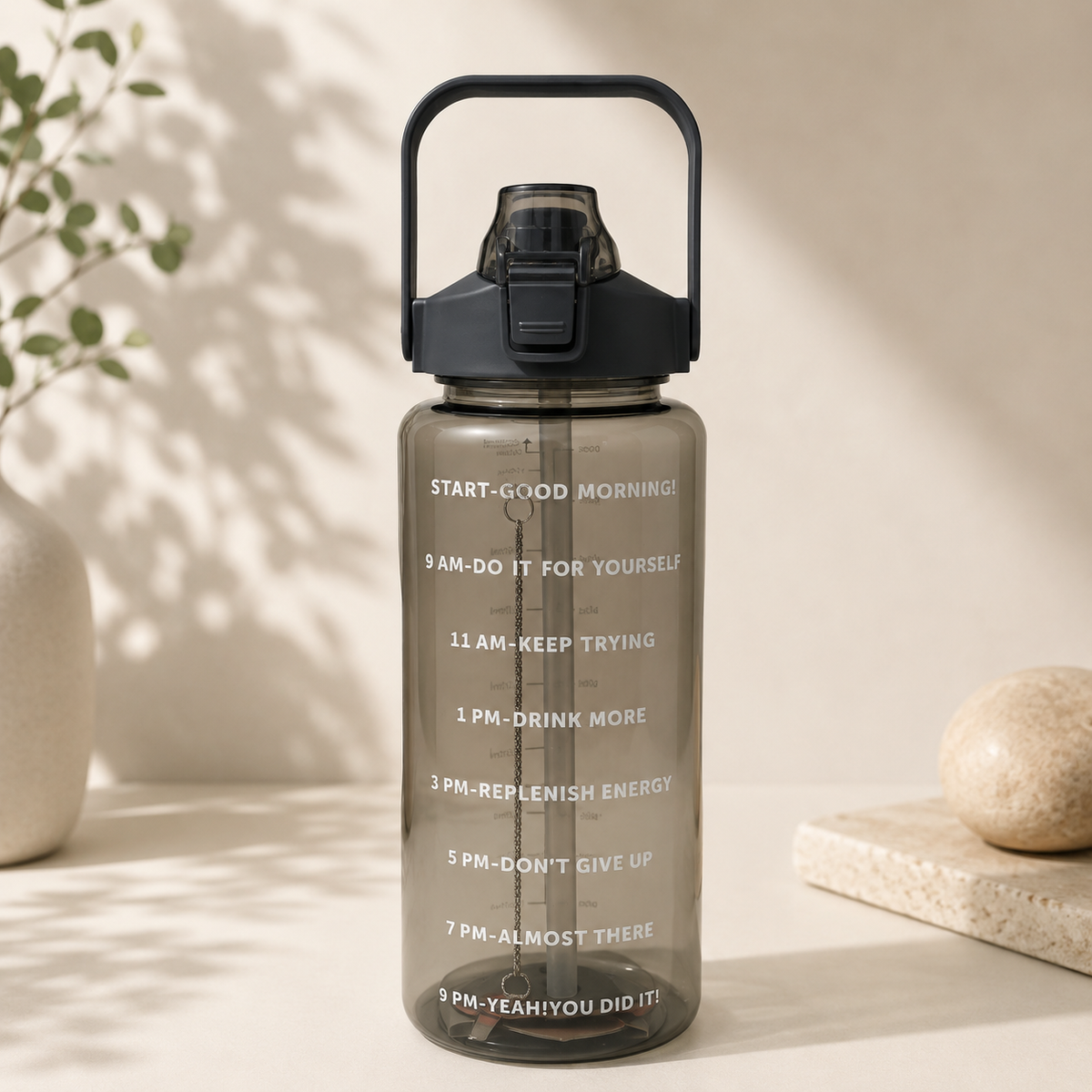 2L Motivational Black Water Bottle for Girls – With Pouch + FREE Accessories