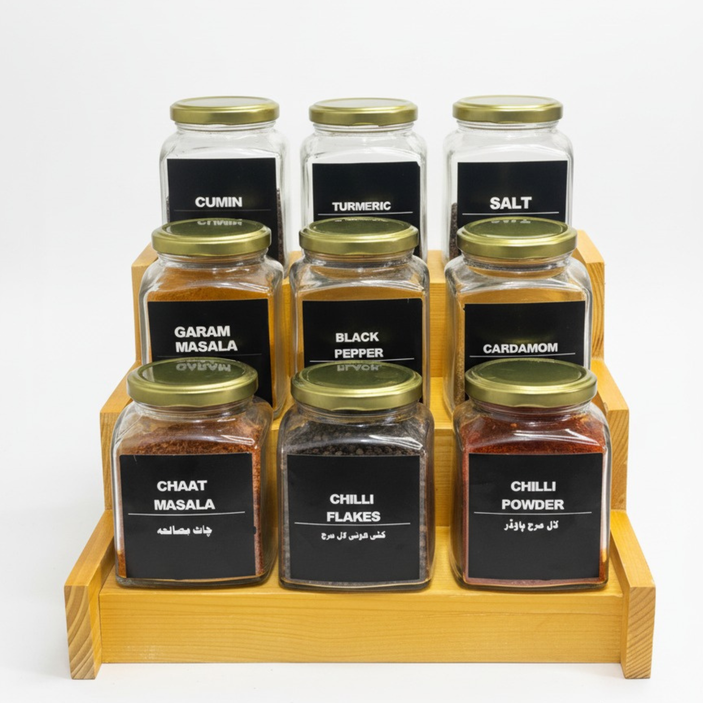 Square Glass Spice Jars 350ml with rack