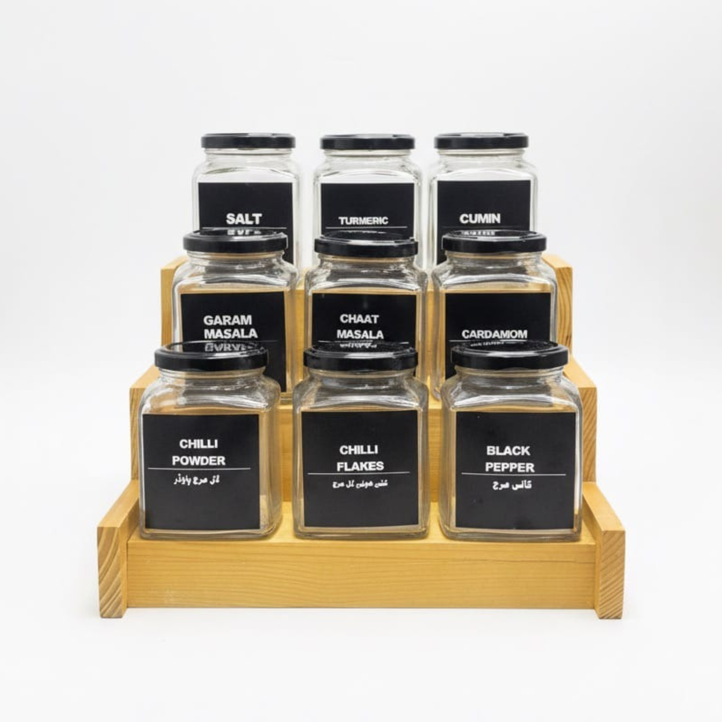 Square Glass Spice Jars 350ml with rack