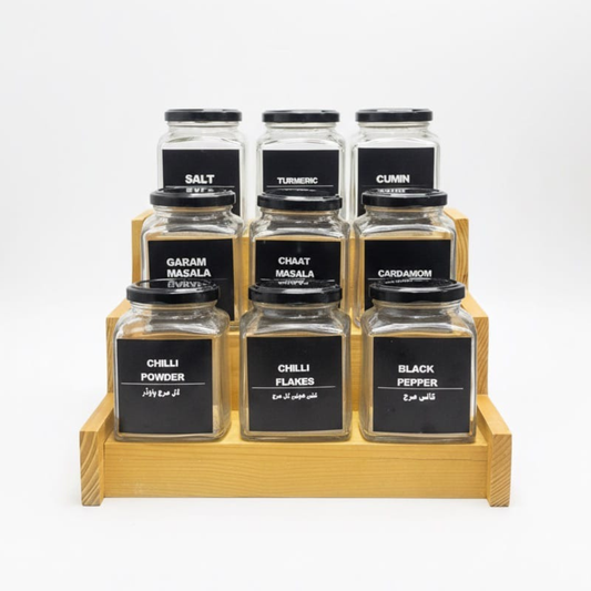 Square Glass Spice Jars 350ml with rack