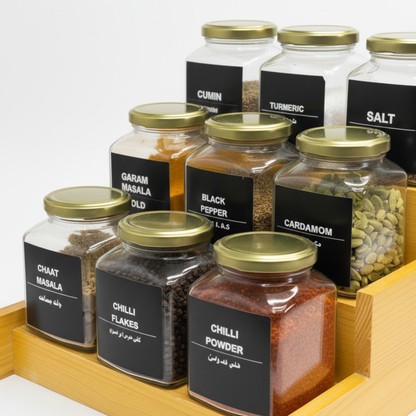 Square Glass Spice Jars 350ml with rack