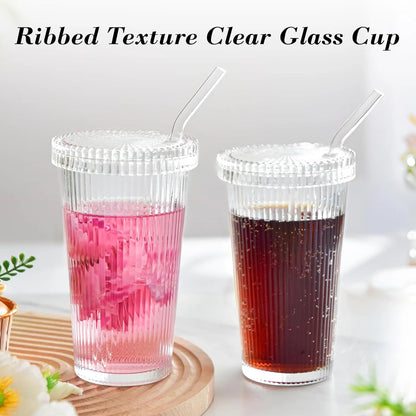 Ribbed Glass Tumbler with Straw 375 ml