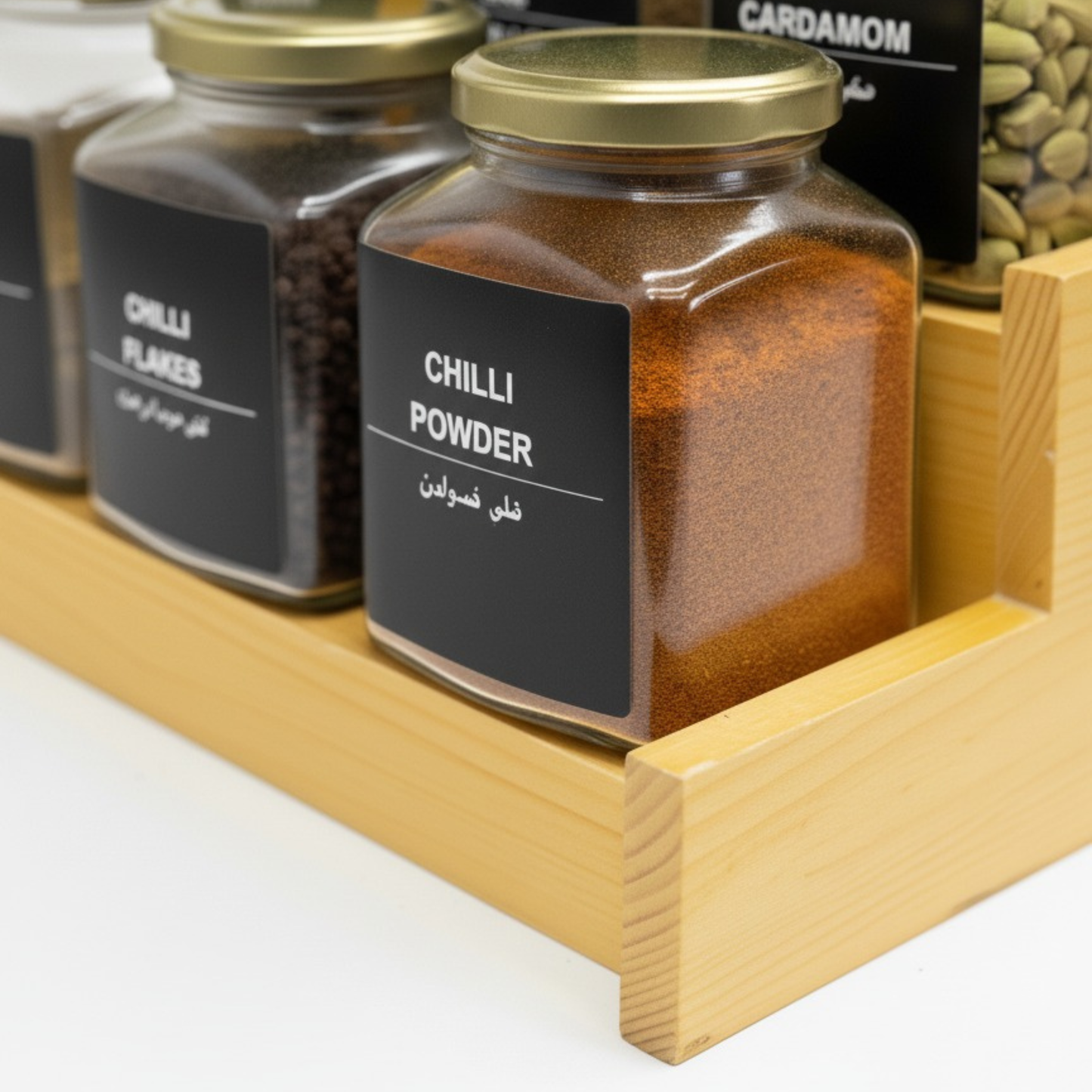 Square Glass Spice Jars 350ml with rack