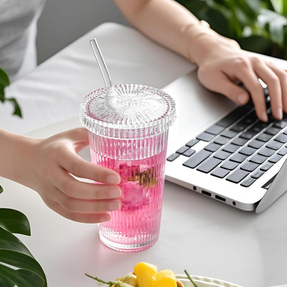Ribbed Glass Tumbler with Straw 375 ml