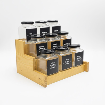 Square Glass Spice Jars 350ml with rack