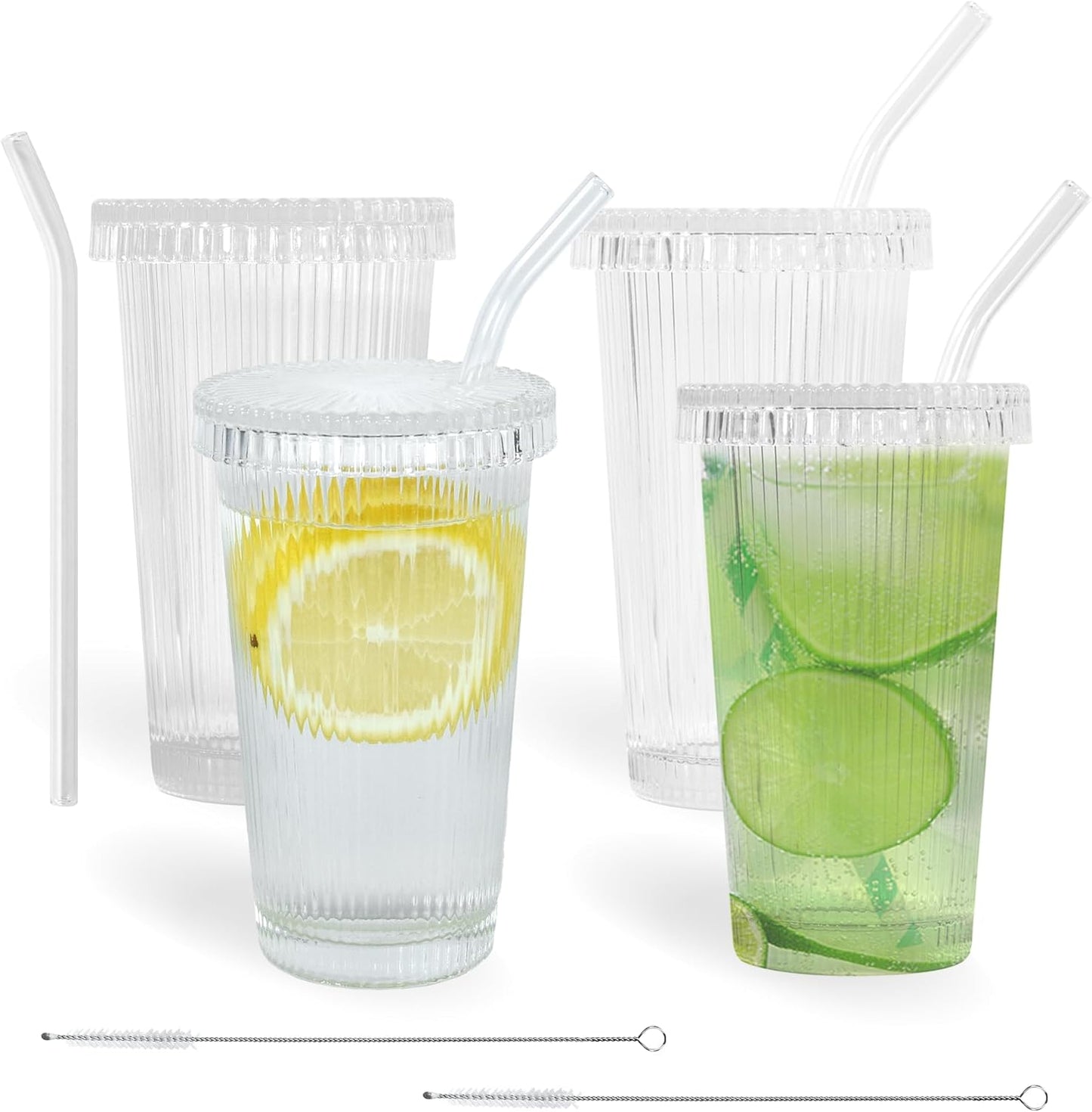 Ribbed Glass Tumbler with Straw 375 ml