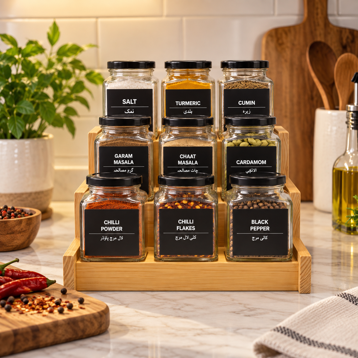9 Square Glass Spice Jars 350ml + 12 Free Label | With Rack & Without Rack