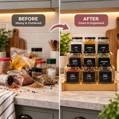 9 Square Glass Spice Jars 350ml + 12 Free Label | With Rack & Without Rack
