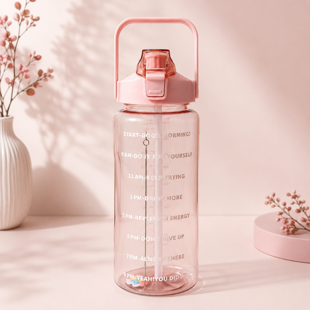 2L Motivational Pink Water Bottle for Girls – With Pouch + FREE Accessories