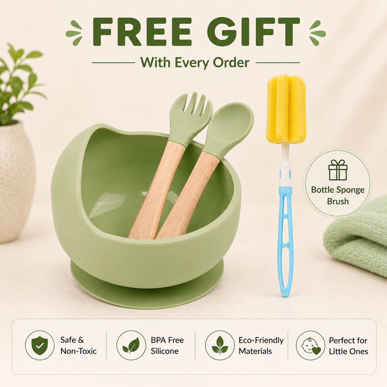 3PCS Baby Feeding Bowl  Set - Green