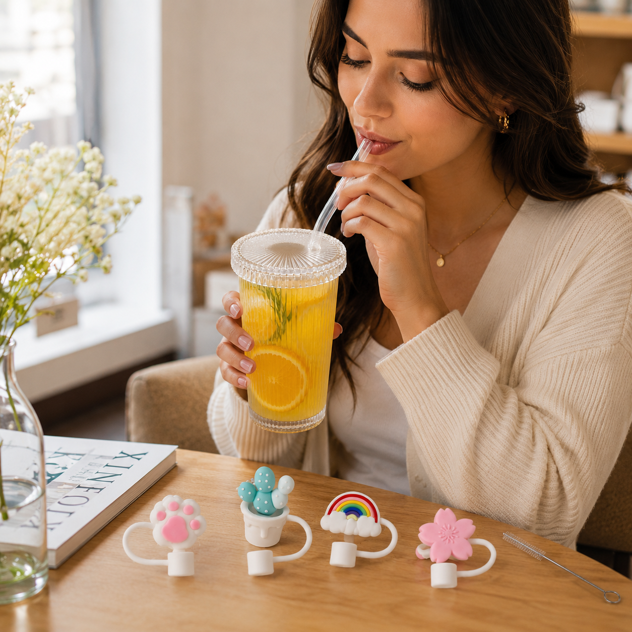 Ribbed Glass Tumbler with Straw 375 ml