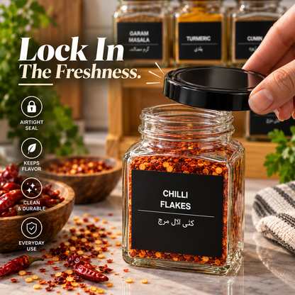 9 Square Glass Spice Jars 350ml + 12 Free Label | With Rack & Without Rack