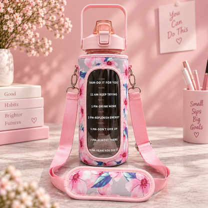 2L Motivational Pink Water Bottle for Girls – With Pouch + FREE Accessories