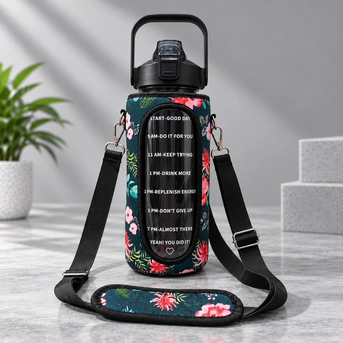 2L Motivational Black Water Bottle for Girls – With Pouch + FREE Accessories