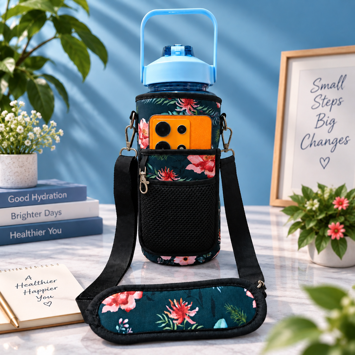 2L Motivational Blue Water Bottle for Girls – With Pouch + FREE Accessories
