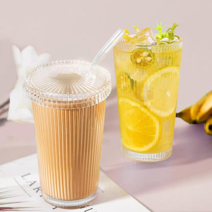 Ribbed Glass Tumbler with Straw 375 ml